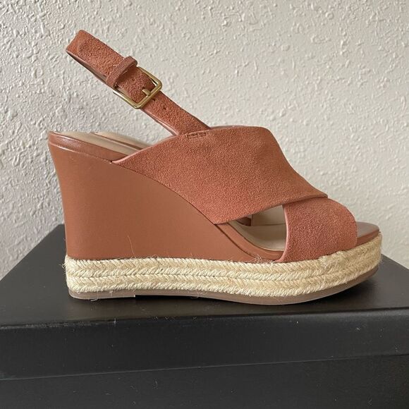 NIB H by Halston Cognac Wedge Suede Sandals Size 7.5M - Picture 6 of 10